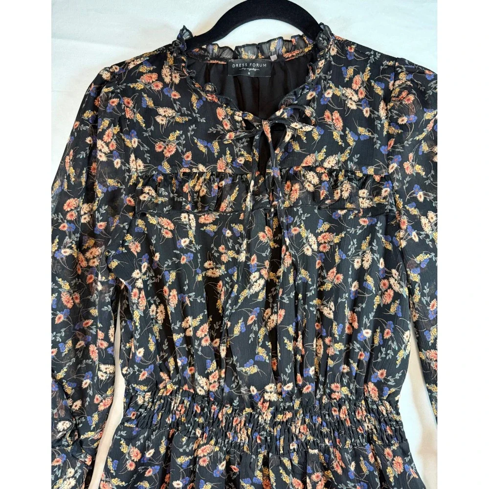 Dress Forum Floral Midi Dress Black Pink Blue Smocked Waist Ruffle sz S wedding‎